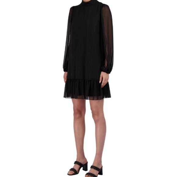 BCBG Paris Sheered Long Sleeve Dress Womens Size XXL Black Metallic Ruffle MIni - Picture 3 of 15